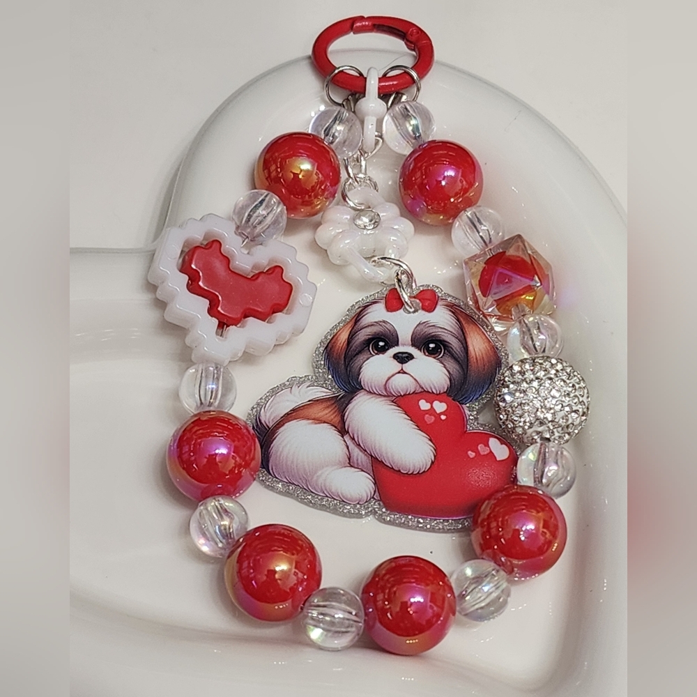 Phone Chain Dog‎ Valentines Day Puppy Love Red White Hearts with Attachment